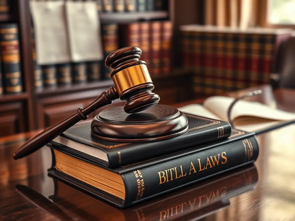 A gavel and law books in a sophisticated office setting, representing dispute resolution in real estate.