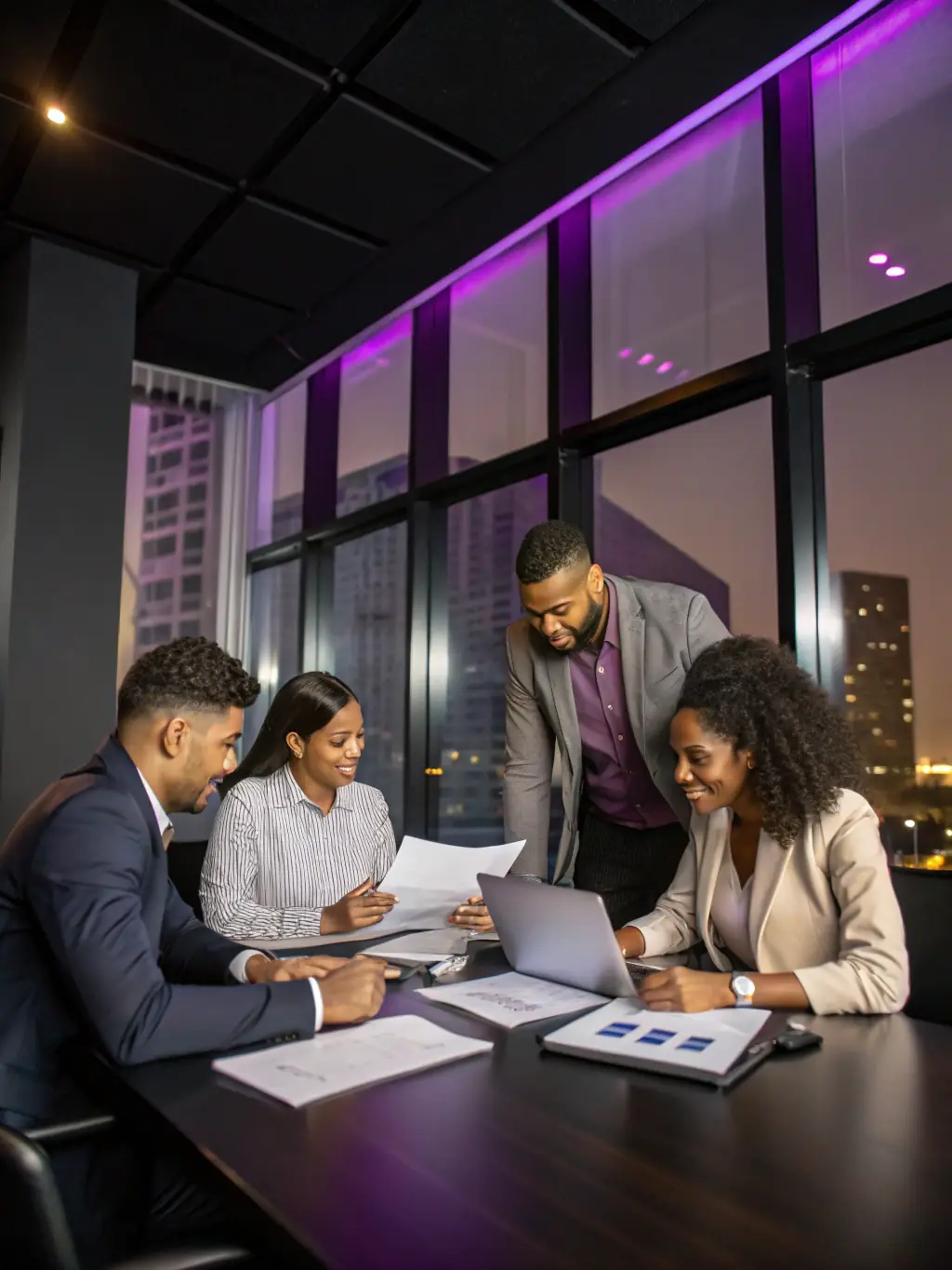 A group of investors collaborating in a modern office setting, symbolizing the firm's assistance in structuring joint ventures and syndications.
