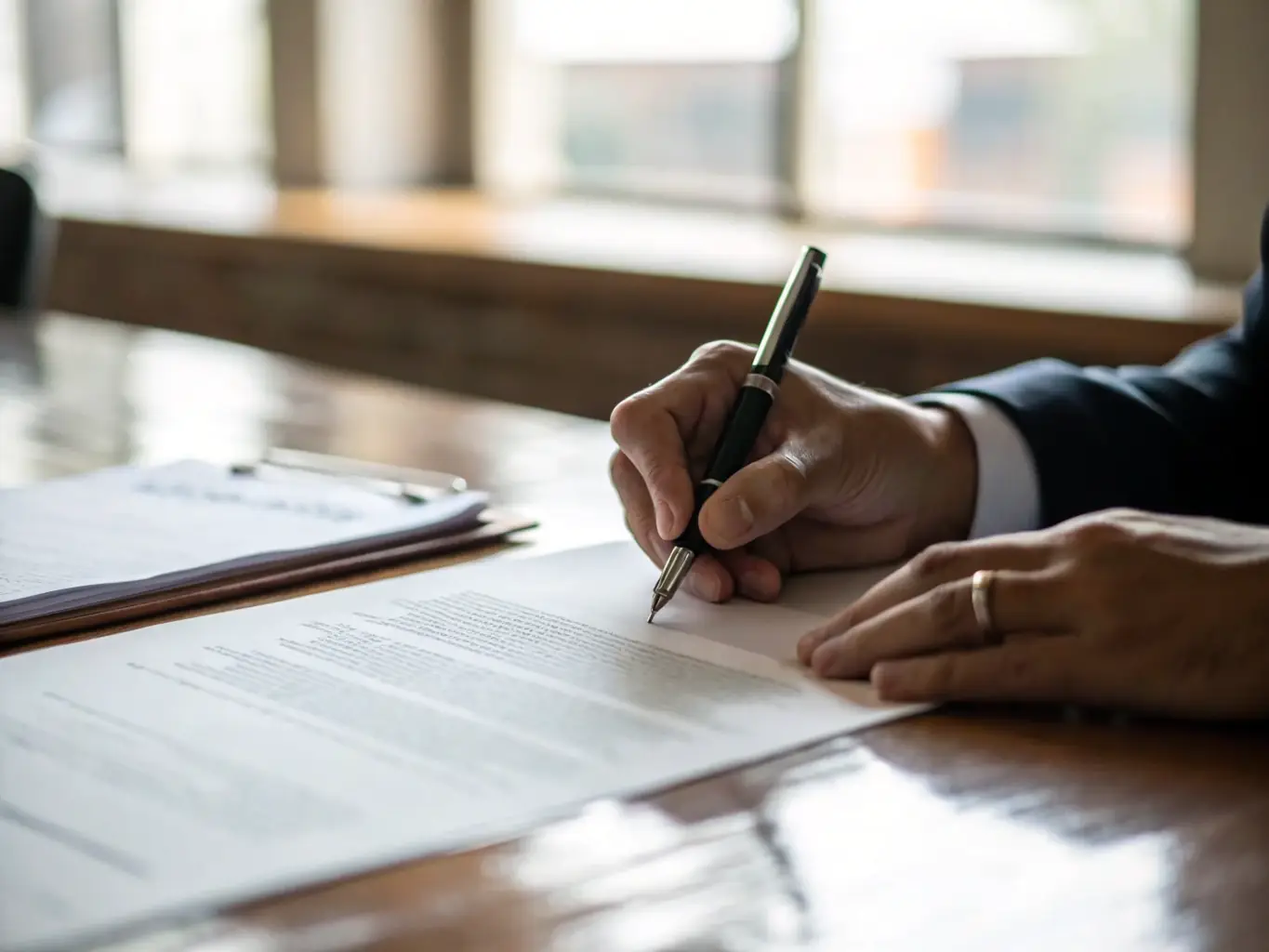 A close-up of legal documents being signed, symbolizing the closing process in a real estate transaction.